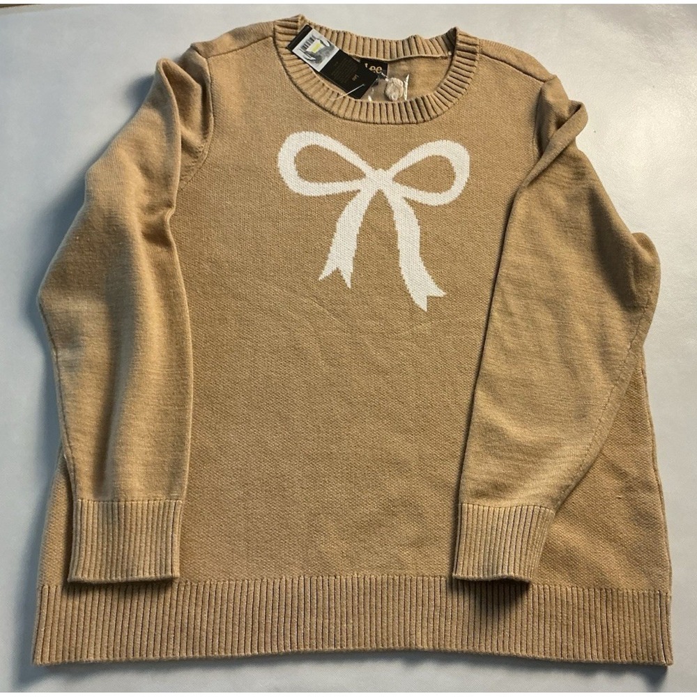 NWT Lee Women's Tan Camel Knit Sweater White Bow Crewneck Long Sleeve 1X